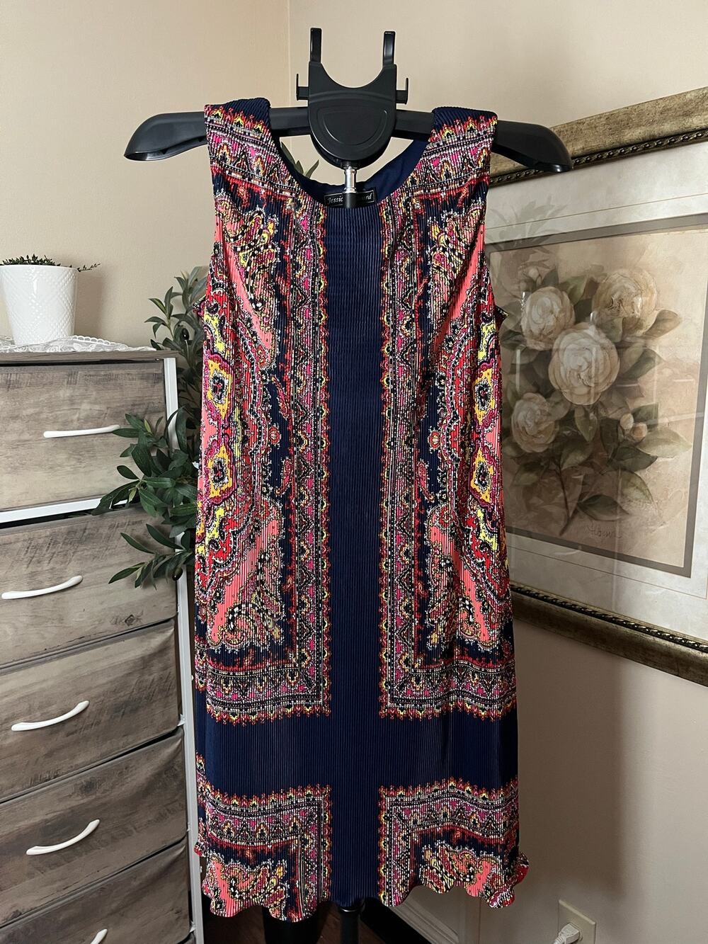Jessica Howard Women’s Size 6 Paisley Pleated Shift Dress Navy Pink Sleeveless